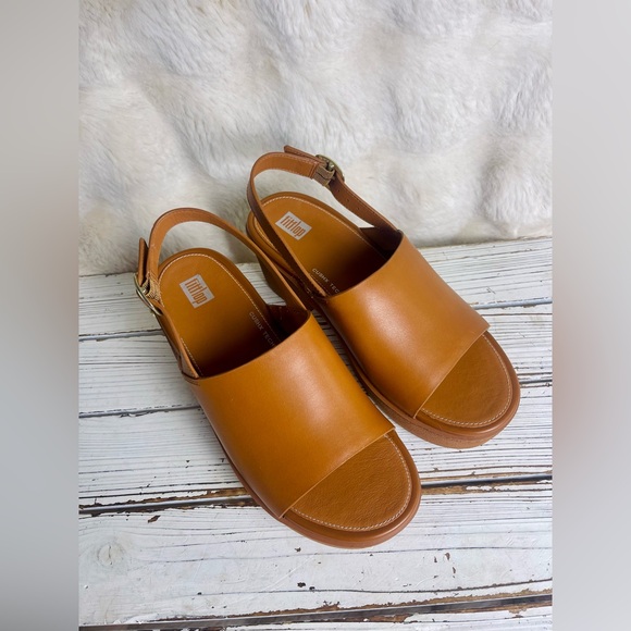 Fitflop Pilar Tan Leather Back Strap Platform Chunky Heel Mule Sandals Sz 8 - Picture 5 of 15